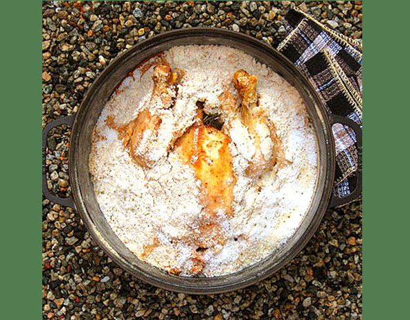 Mustard and herb chicken baked in a salt crust